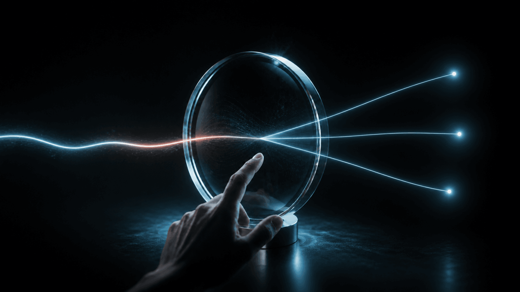 A living light signal passing through a hand-held glass lens into three evidence paths